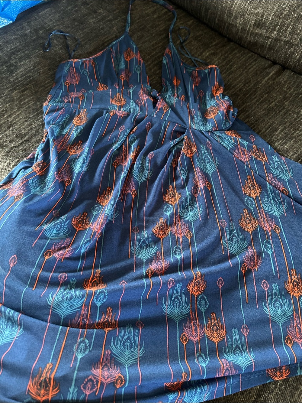 Free People Navy Floral-Print Mini Dress with Teal & Orange Accents
